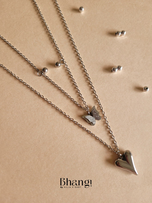 Bhang! Silver Layered Heart and Butterfly Necklace