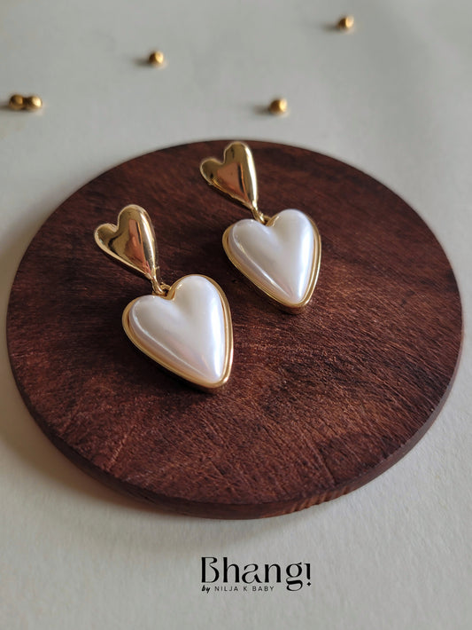 Gold Heart & Pearl Drop Earrings