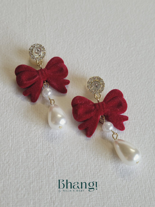 Red Velvet Bow with Pearl Drop Earrings