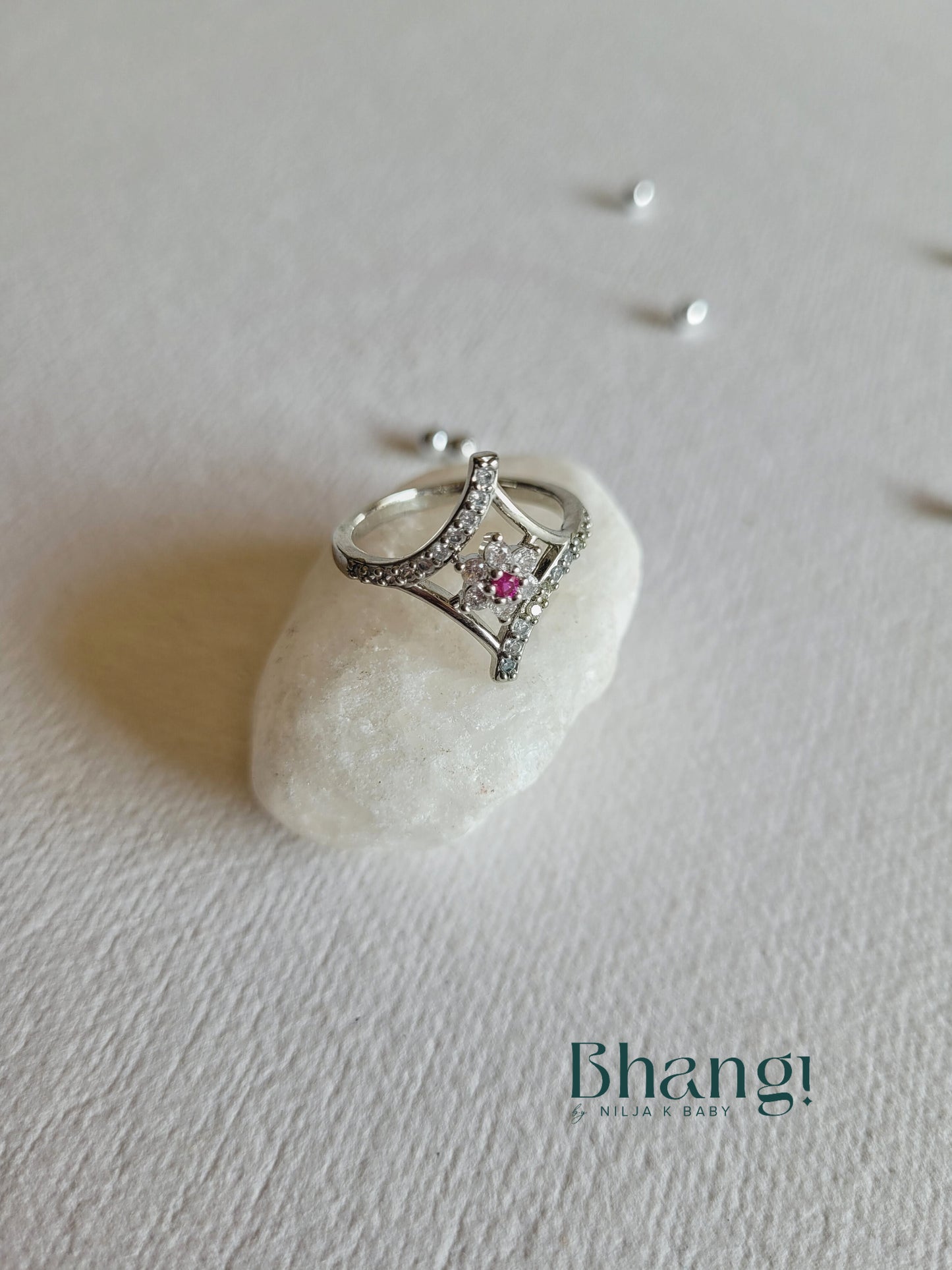 Crystal Flower Ring with Red Stone Accent