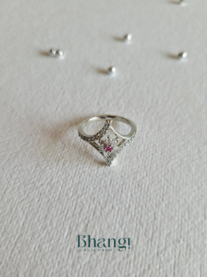 Crystal Flower Ring with Red Stone Accent