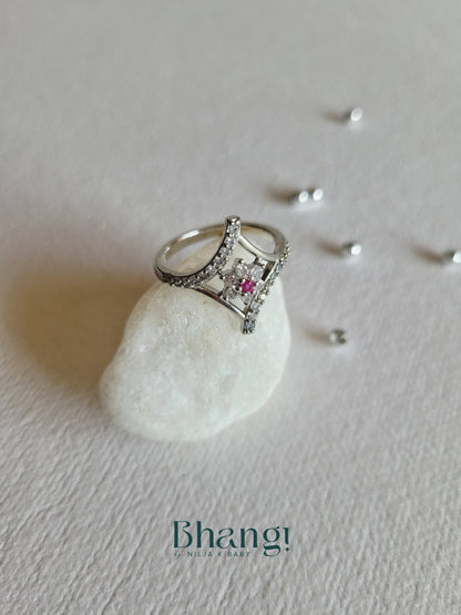 Crystal Flower Ring with Red Stone Accent