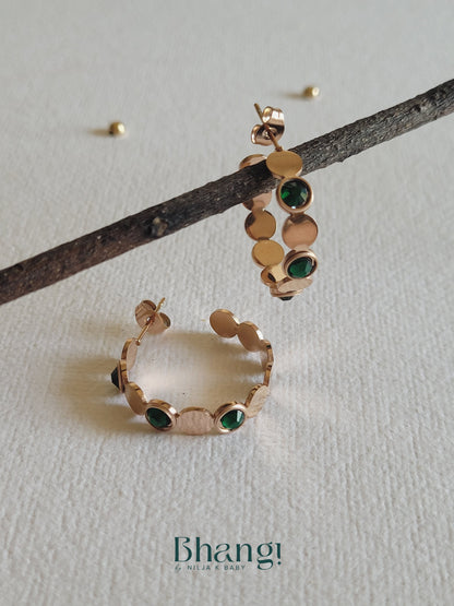 Rose Gold Emerald Green Hoop Earrings