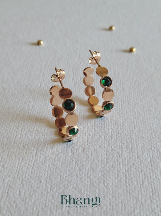Rose Gold Emerald Green Hoop Earrings