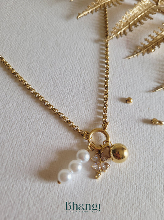 Gold-Tone Pearl and Crystal Charm Neckl