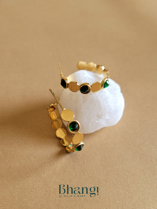 Green Stone & Gold Hoop Earrings