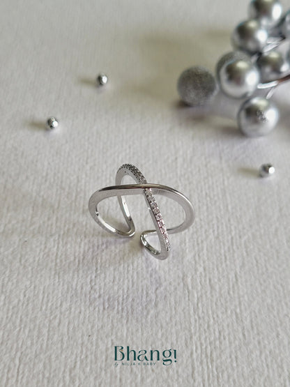 Silver Crisscross Crystal Open Ring
