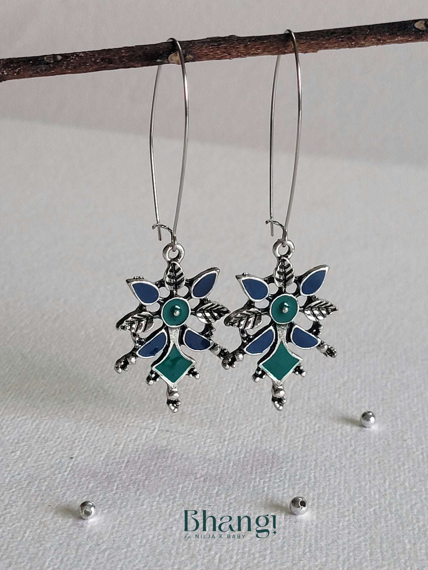 Dual ColourLong Hook Earring - Silver tone - Green & Blue