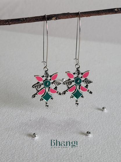 Dual ColourLong Hook Earring - Silver tone - Red & Green