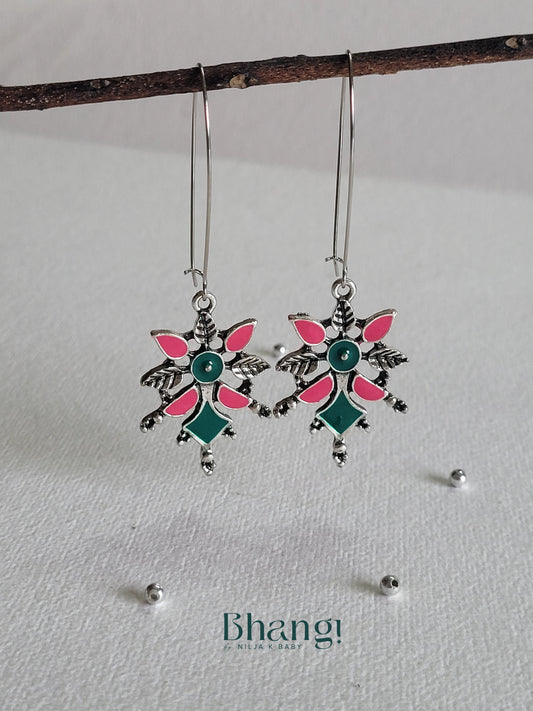 Dual ColourLong Hook Earring - Silver tone - Red & Green