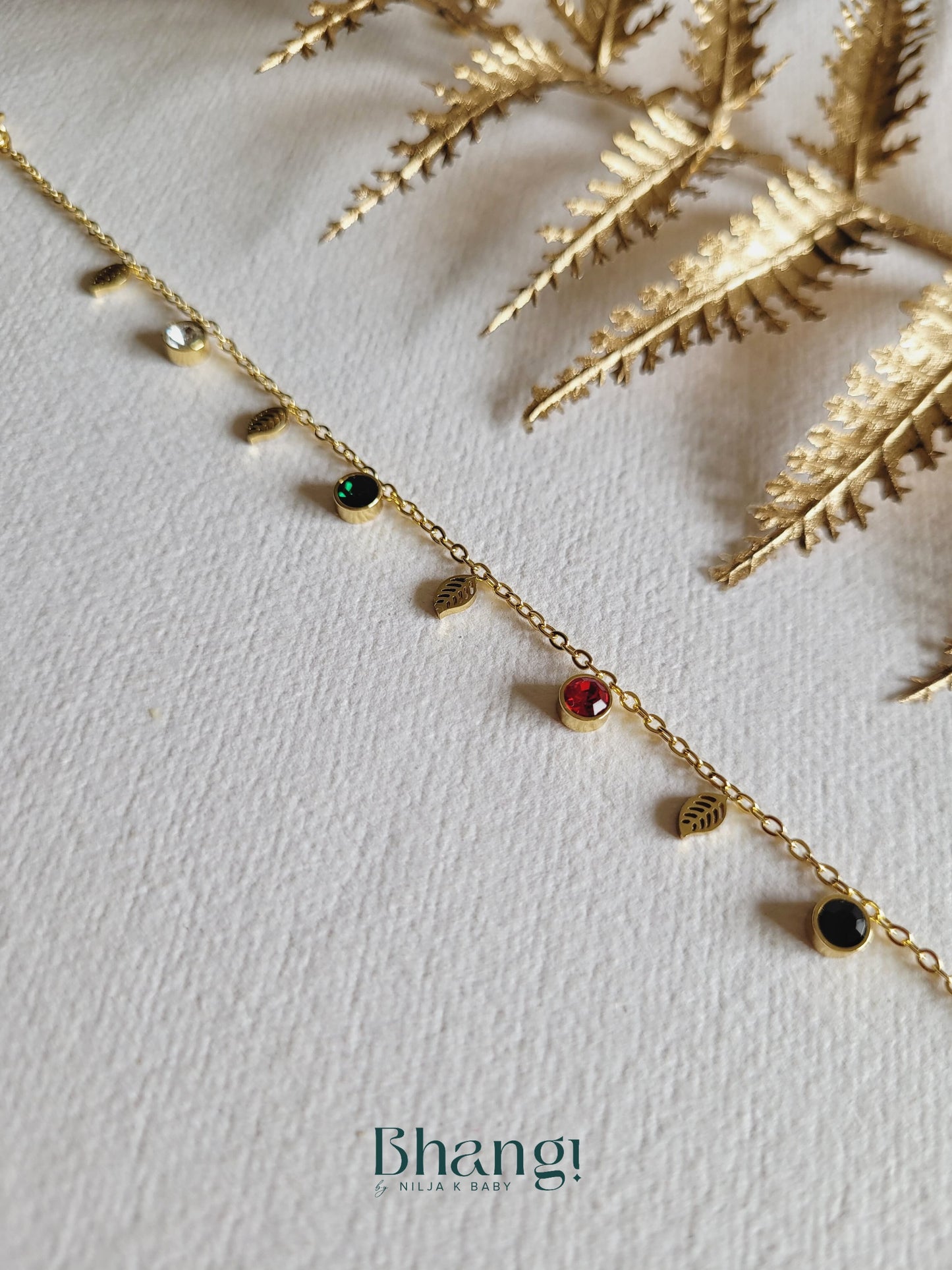 Golden Leaf & Gem Charm Bracelet