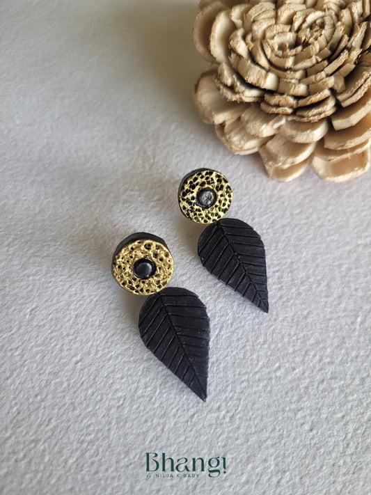 Terracotta Leaf Drop Earrings – Midnight Black