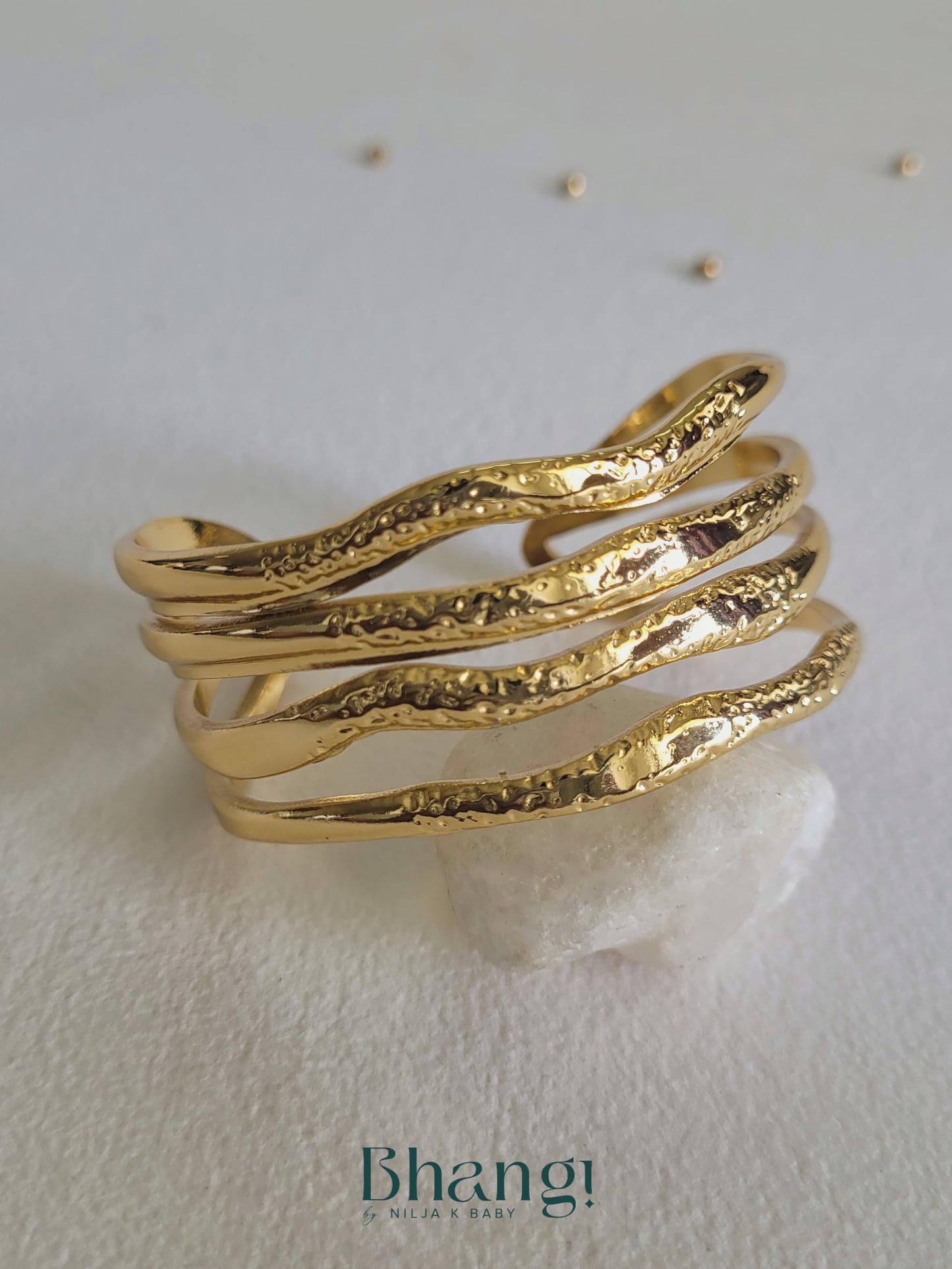Textured Wave Cuff Bangle – Gold Finish