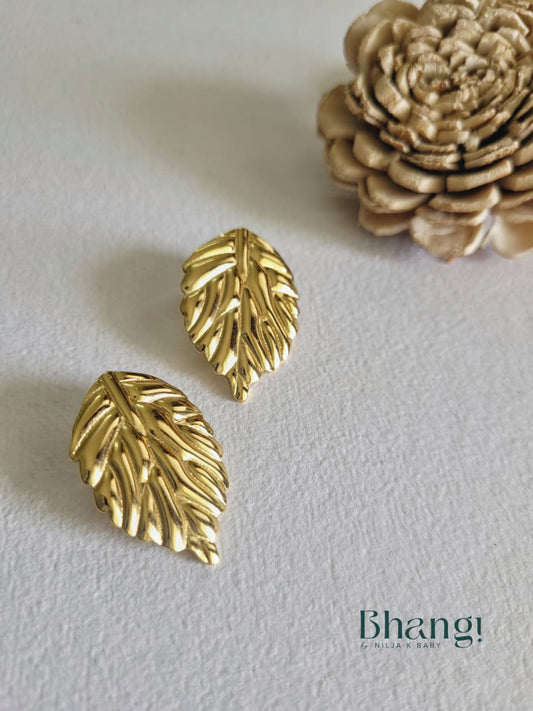 Golden Textured Leaf Stud Earrings