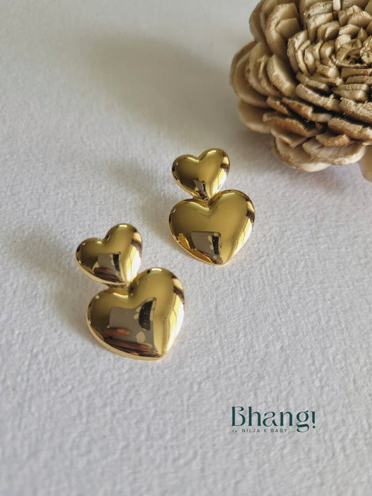 Golden Double Heart Stud Earrings