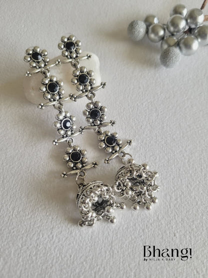 Silver Color Gemstone long Jhumka Earrings