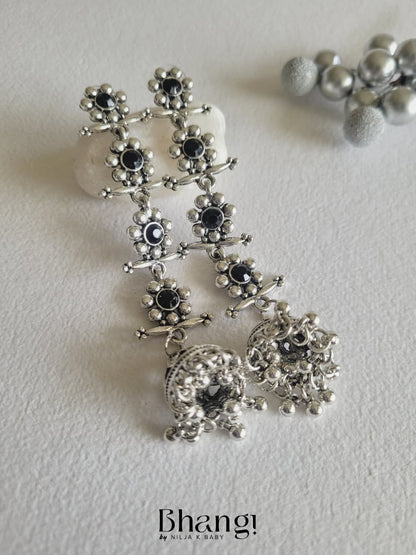 Silver Color Gemstone long Jhumka Earrings