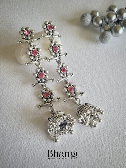 Silver Color Gemstone long Jhumka Earrings