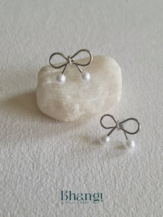 Silver Bow Pearl Studs