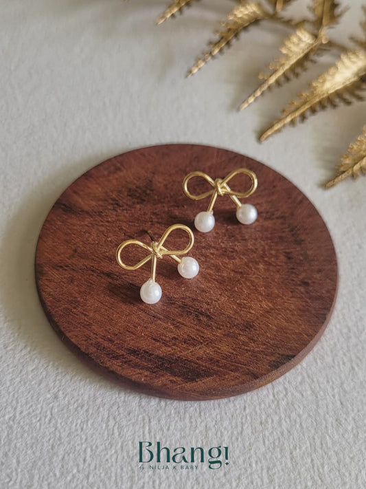 Golden Bow Pearl Studs