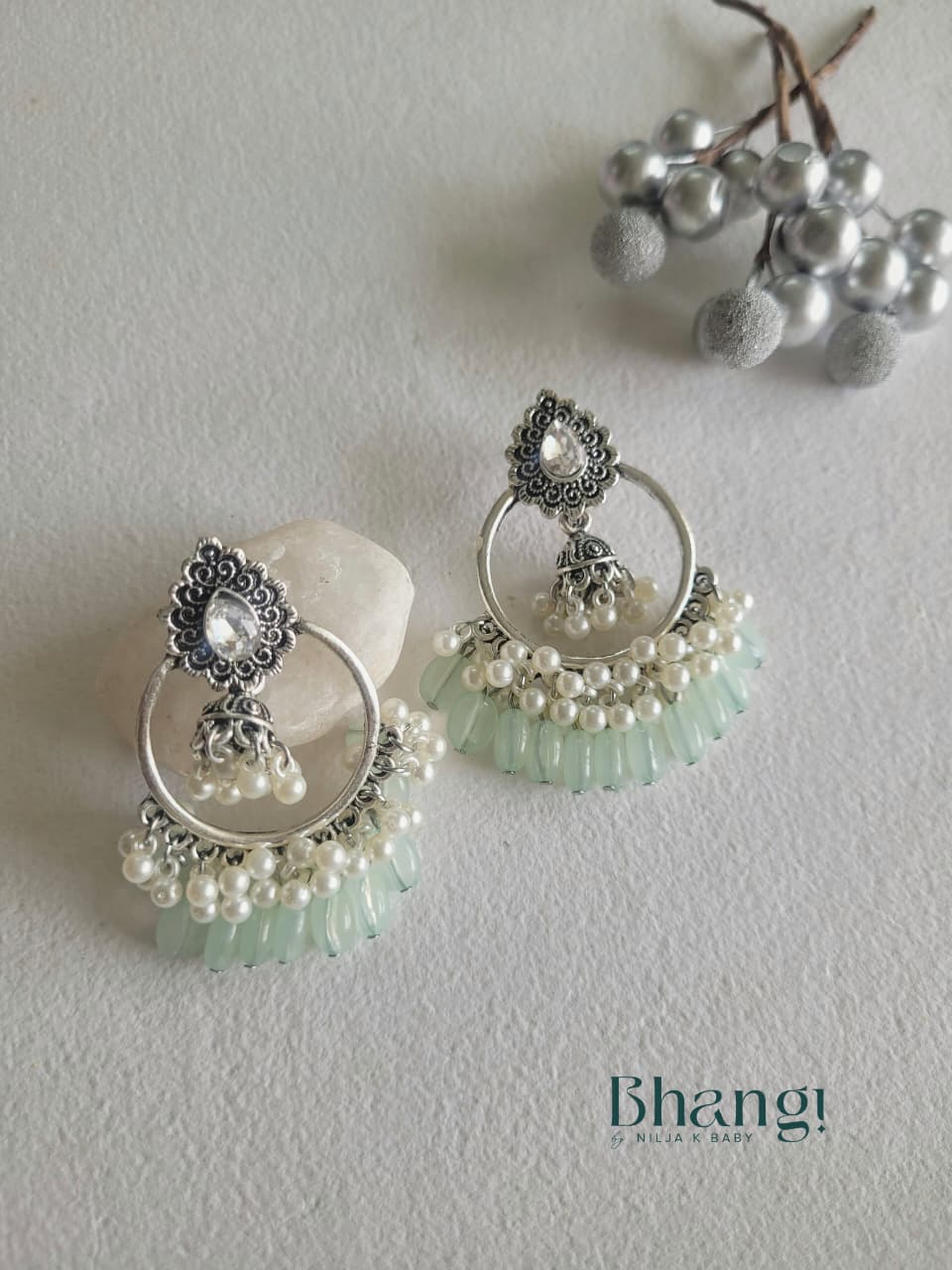 Mint Pearl Jhumka Hoops