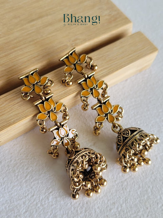 Lotus Jhumka Earrings - Yellow