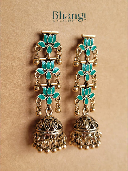 Lotus Jhumka Earrings – Teal Green