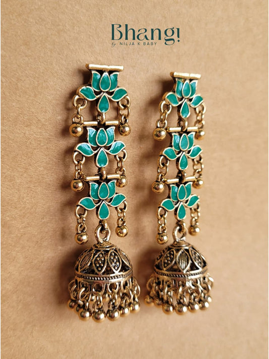 Lotus Jhumka Earrings – Teal Green