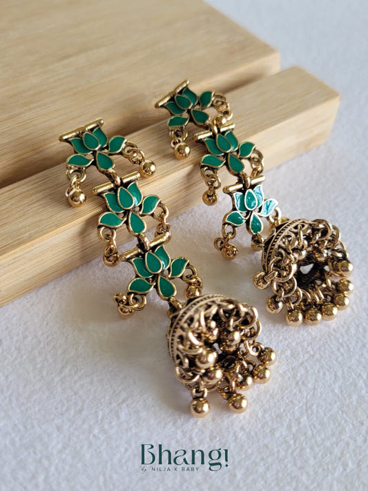 Lotus Jhumka Earrings – Teal Green