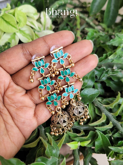Lotus Jhumka Earrings – Teal Green