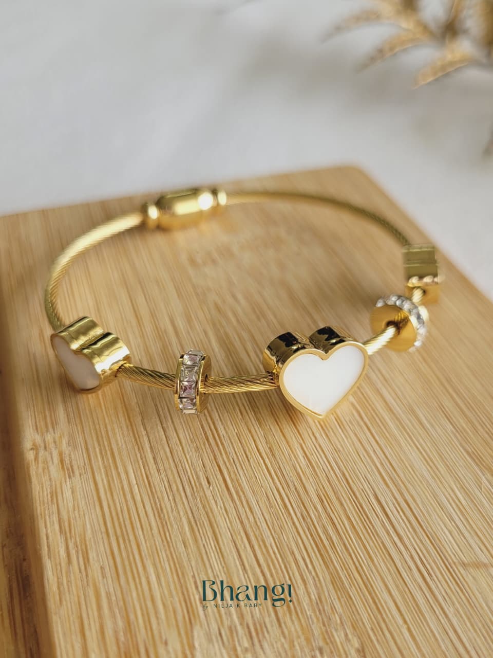 White Heart Charm Bangle (Small)