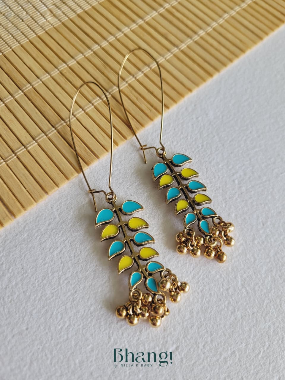 Blue & Yellow Enamel Leaf Ghungroo Drop Earrings