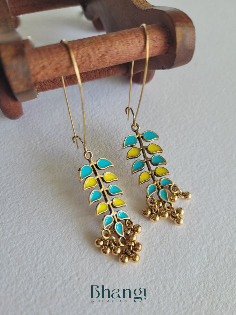 Blue & Yellow Enamel Leaf Ghungroo Drop Earrings