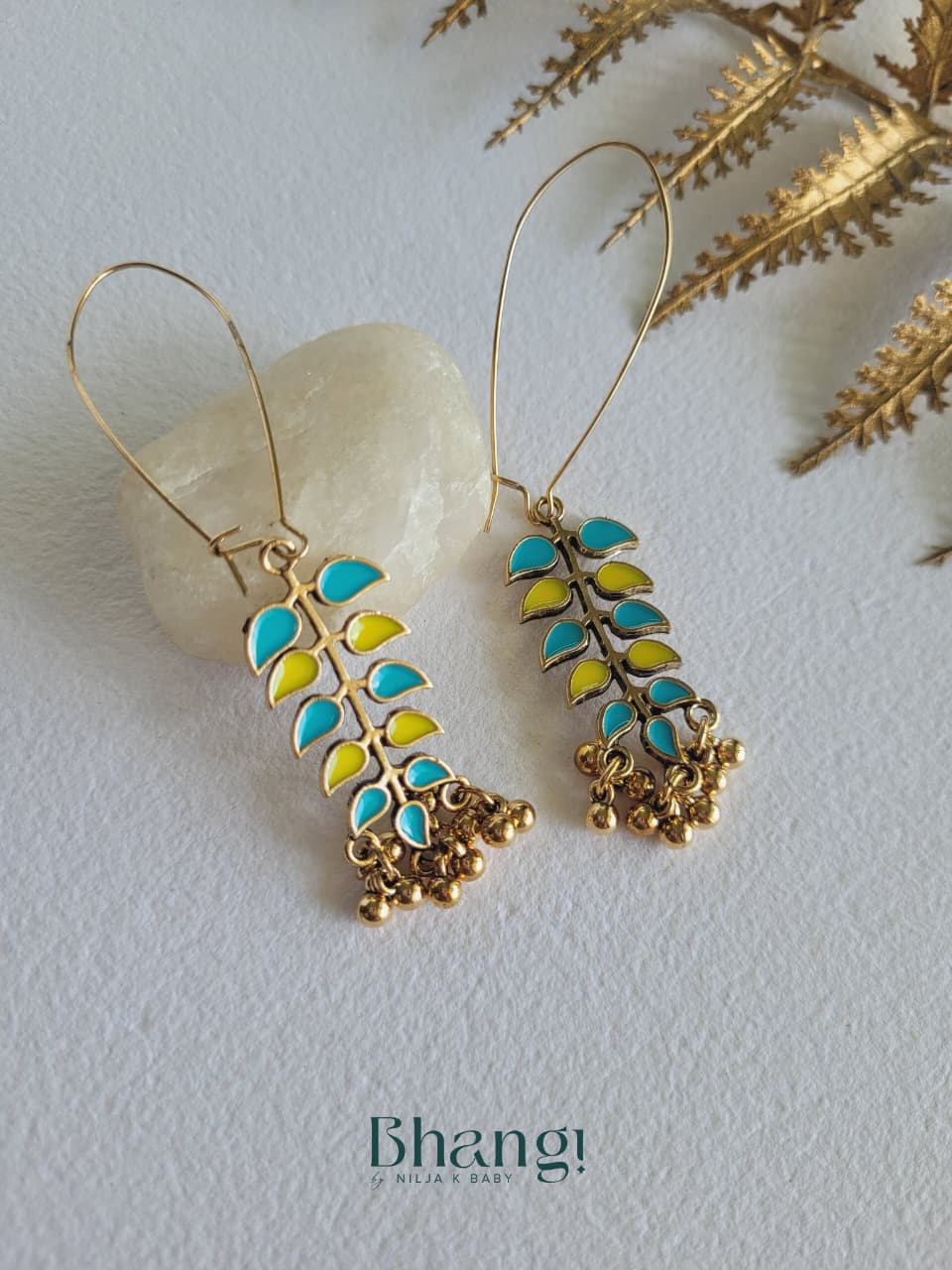 Blue & Yellow Enamel Leaf Ghungroo Drop Earrings