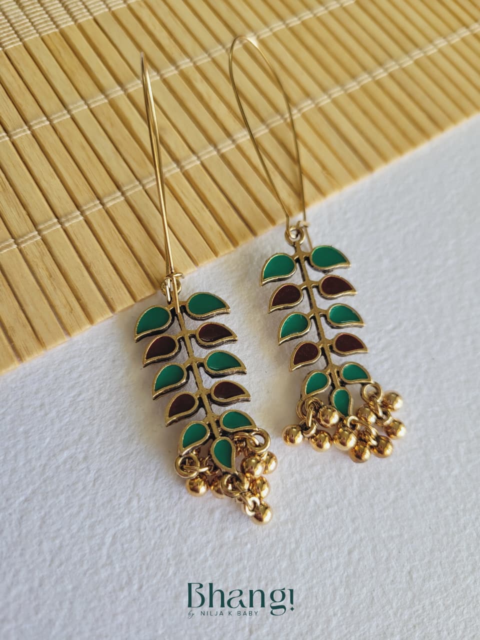 Green & Maroon Enamel Leaf Ghungroo Drop Earrings