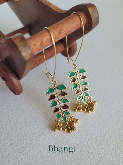 Green & Maroon Enamel Leaf Ghungroo Drop Earrings