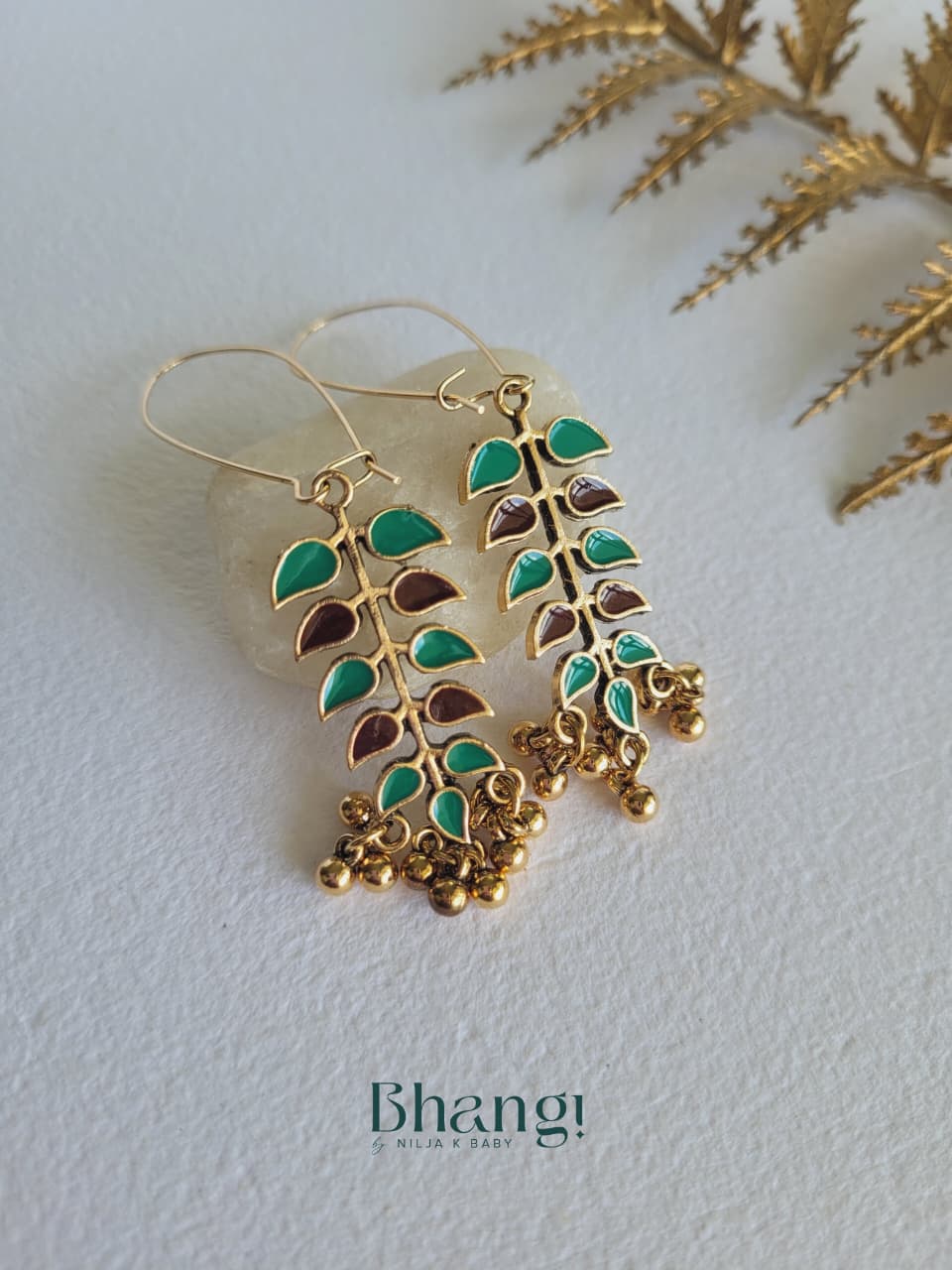 Green & Maroon Enamel Leaf Ghungroo Drop Earrings