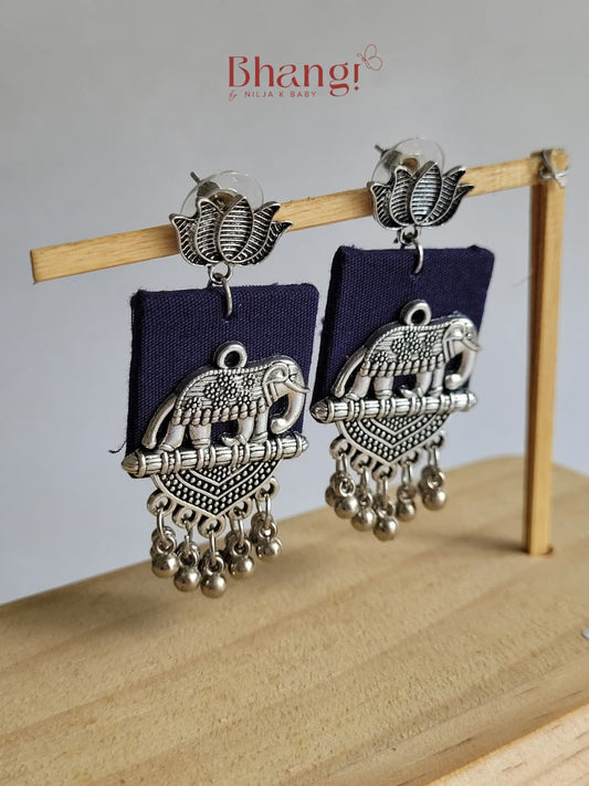 Elephant Lotus Fabric Earrings - Navy Blue