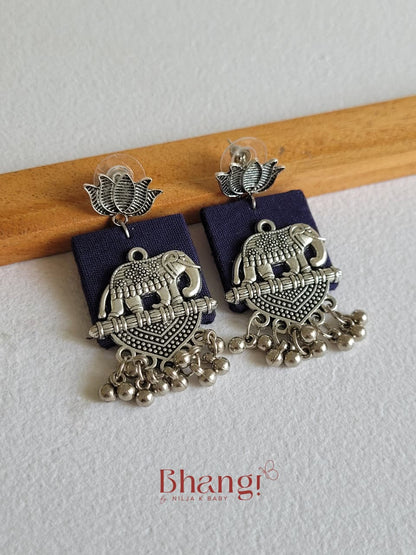 Elephant Lotus Fabric Earrings - Navy Blue