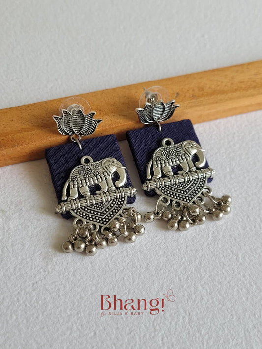 Elephant Lotus Fabric Earrings - Navy Blue