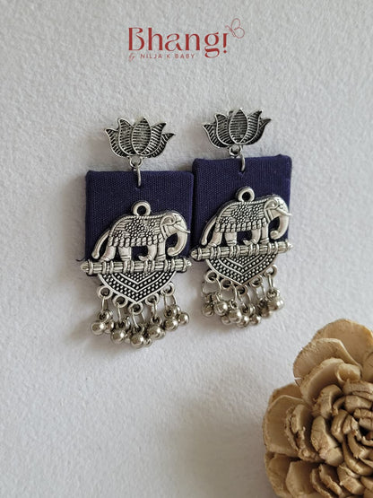 Elephant Lotus Fabric Earrings - Navy Blue