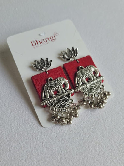 Elephant Lotus Fabric Earrings - Red