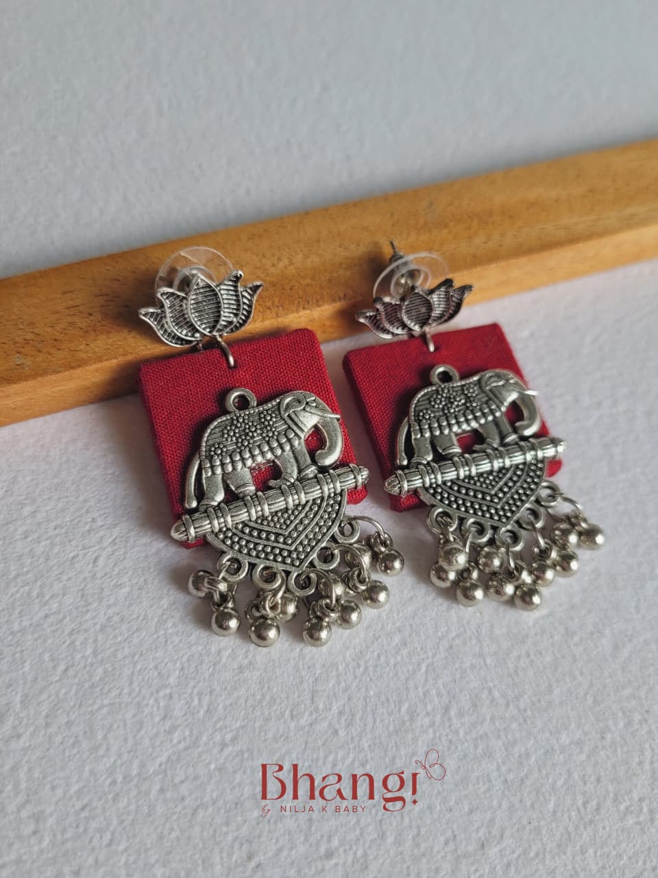 Elephant Lotus Fabric Earrings - Red
