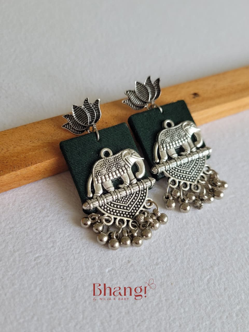 Elephant Lotus Fabric Earrings - Green