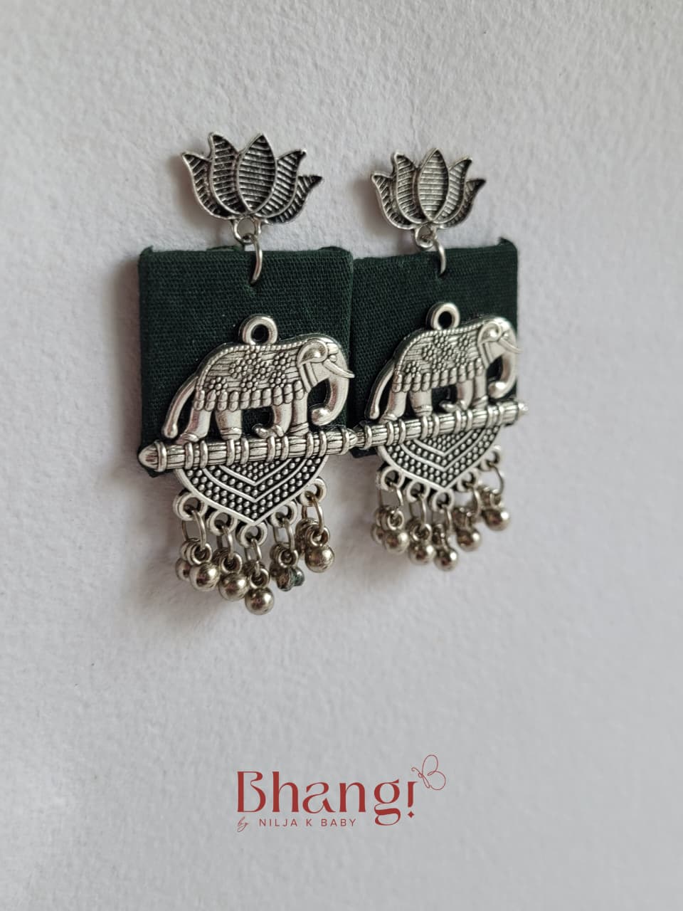Elephant Lotus Fabric Earrings - Green