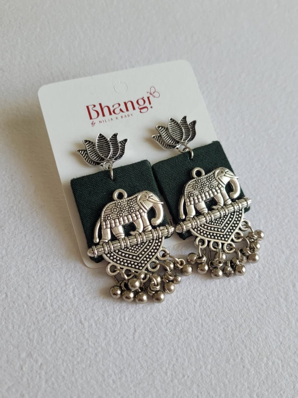 Elephant Lotus Fabric Earrings - Green