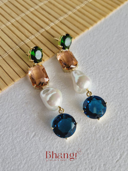 Sapphire Emerald Pearl Cascade Earrings