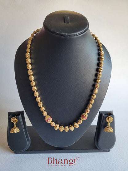 Ruby Gold Beaded Necklace & Jhumka Set