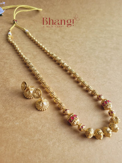Ruby Gold Beaded Necklace & Jhumka Set
