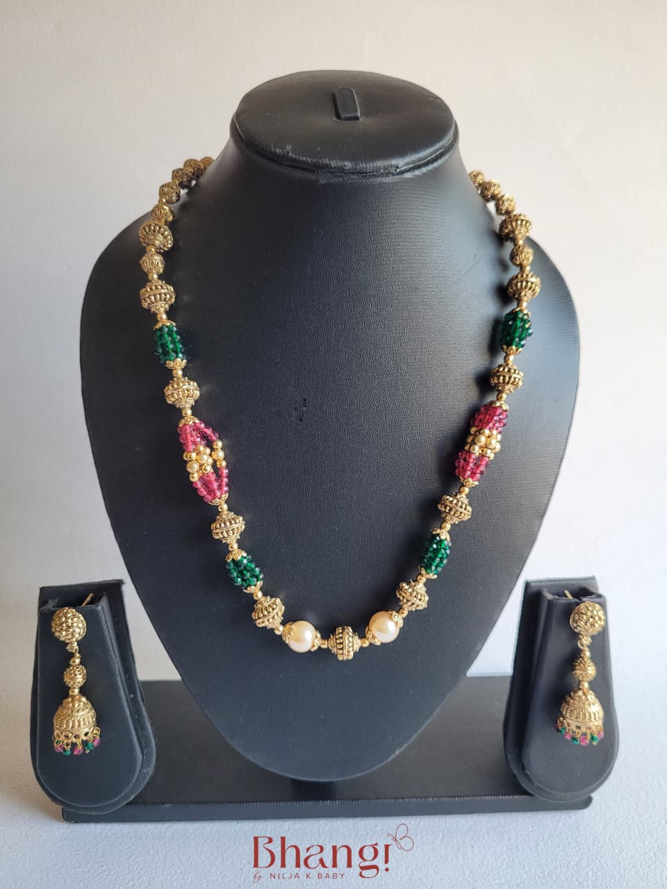 Varnika Ruby & Emerald Gold Beaded Necklace & Jhumka Set